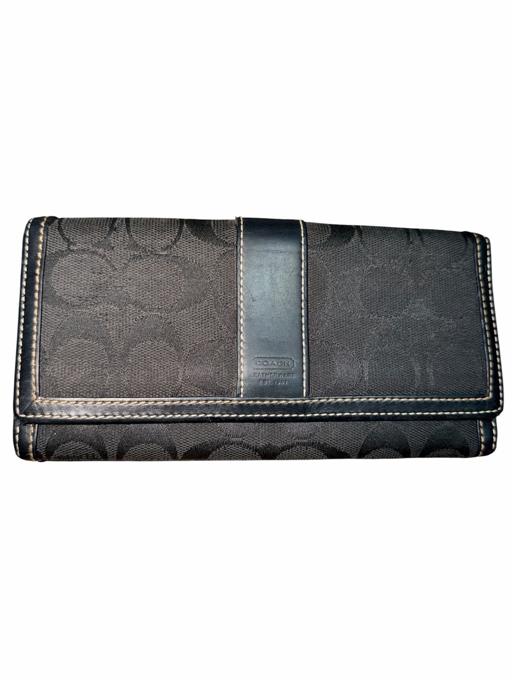 Vintage Y2K 2000’S COACH Black Signature Jacquard Fabric Leather Trifold Wallet